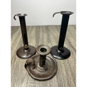 Antique Primitive Candlesticks 2 Metal Hog Scraper, 1 Tin Chamberstick Lot Rare!